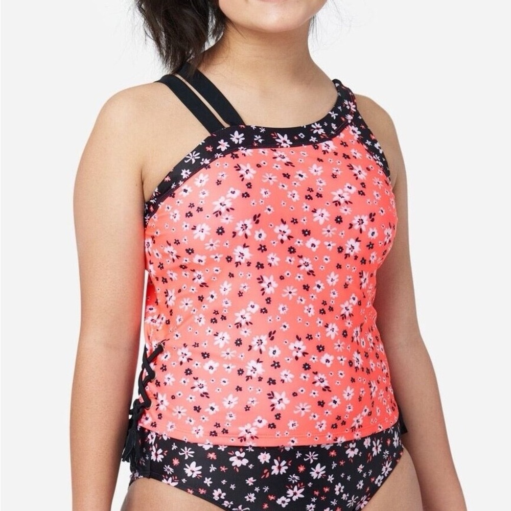JUSTICE Girls Swimsuit Tankini Bikini Set in Floral Pink Size XL+ (16-18)